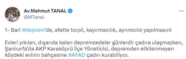 CHP'li Tanal fotoğraflı paylaşım: AK Partili yönetici evinin bahçesine AFAD çadırı kurdu