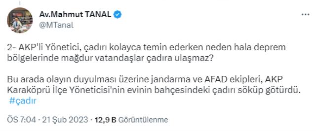 CHP'li Tanal fotoğraflı paylaşım: AK Partili yönetici evinin bahçesine AFAD çadırı kurdu