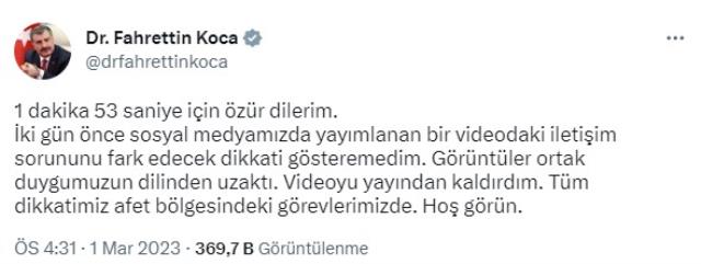 Bakan Koca, tepkilere neden olan videoyu kaldırdı: 1 dakika 53 saniye için özür dilerim