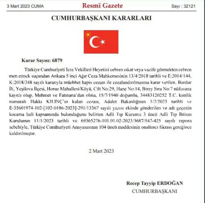 Cumhurbaşkanı Erdoğan üç hükümlünün cezasını kaldırdı