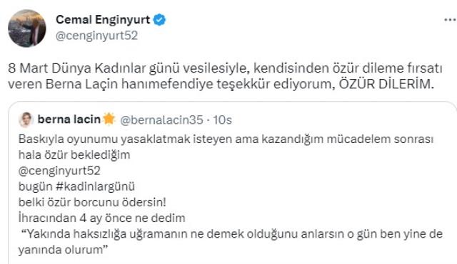 Berna Laçin 'Belki borcunu ödersin' dedi, Cemal Enginyurt özür diledi