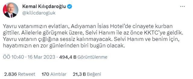 Kılıçdaroğlu, Adıyaman'da depremde hayatını kaybeden KKTC'li öğrencilerin ailelerini ziyaret edecek: Hayatımızın en zor günü olacak