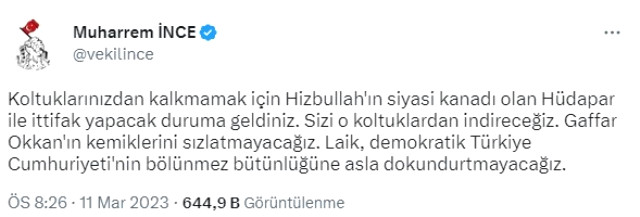 Muharrem İnce'den Cumhur İttifakı'na HÜDAPAR tepkisi: Gaffar Okkan'ın kemiklerini sızlatmayacağız